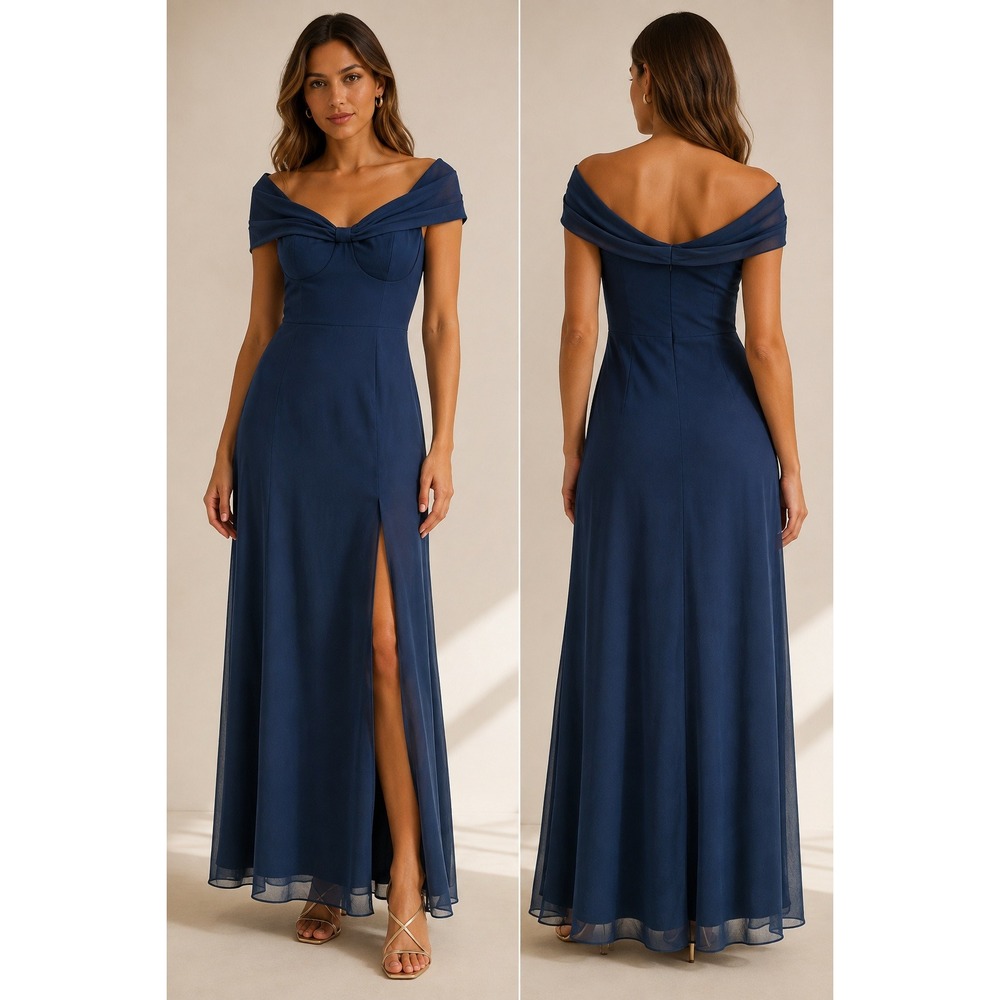 Azazie x Kendall + Kylie Dark Blue Off Shoulder Maxi Bridesmaid Dress Slit A 16